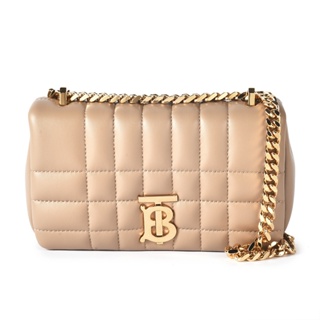BURBERRY Lola金字TB衍縫羊皮迷你鏈帶肩背包 斜背包(米褐)｜GoBrand購名牌