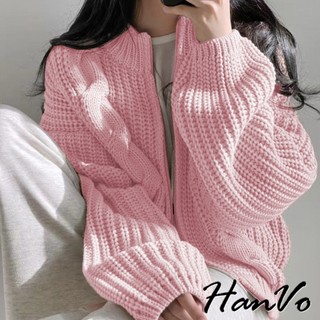 【HanVo】復古慵懶風麻花圓領外套 粗針織加厚保暖拉鍊外套 韓系女裝 女生衣著 A07-4989