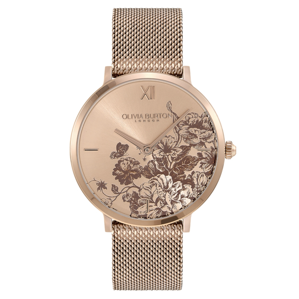 Olivia Burton Signature系列 手繪花卉玫瑰金 不鏽鋼米蘭帶腕錶 35ＭＭ (24000116)