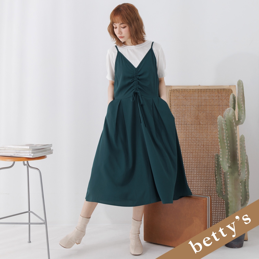 betty’s貝蒂思(25)兩件式細肩帶抽繩打摺洋裝(綠色)