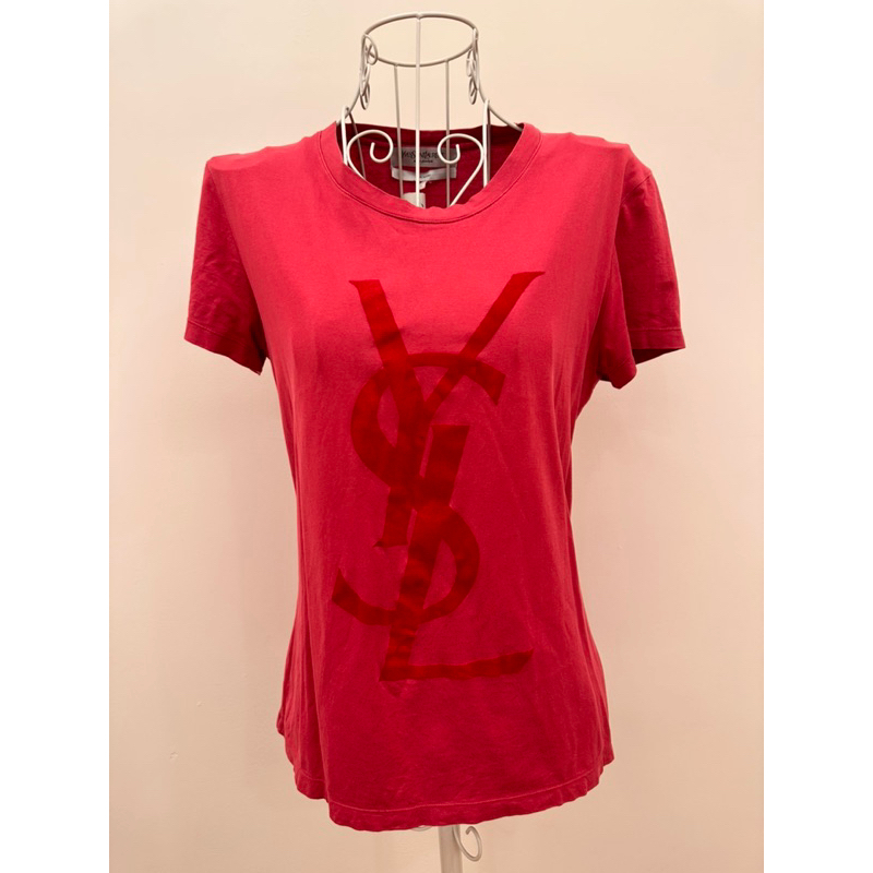 💯二手真品💯YSL聖羅蘭Saint Laurent🌹玫瑰紅經典Logo純棉短袖T恤上衣