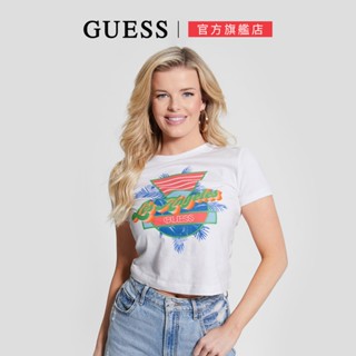 【GUESS】ECO系列 休閒短版上衣 渡假風LOGO短T-白