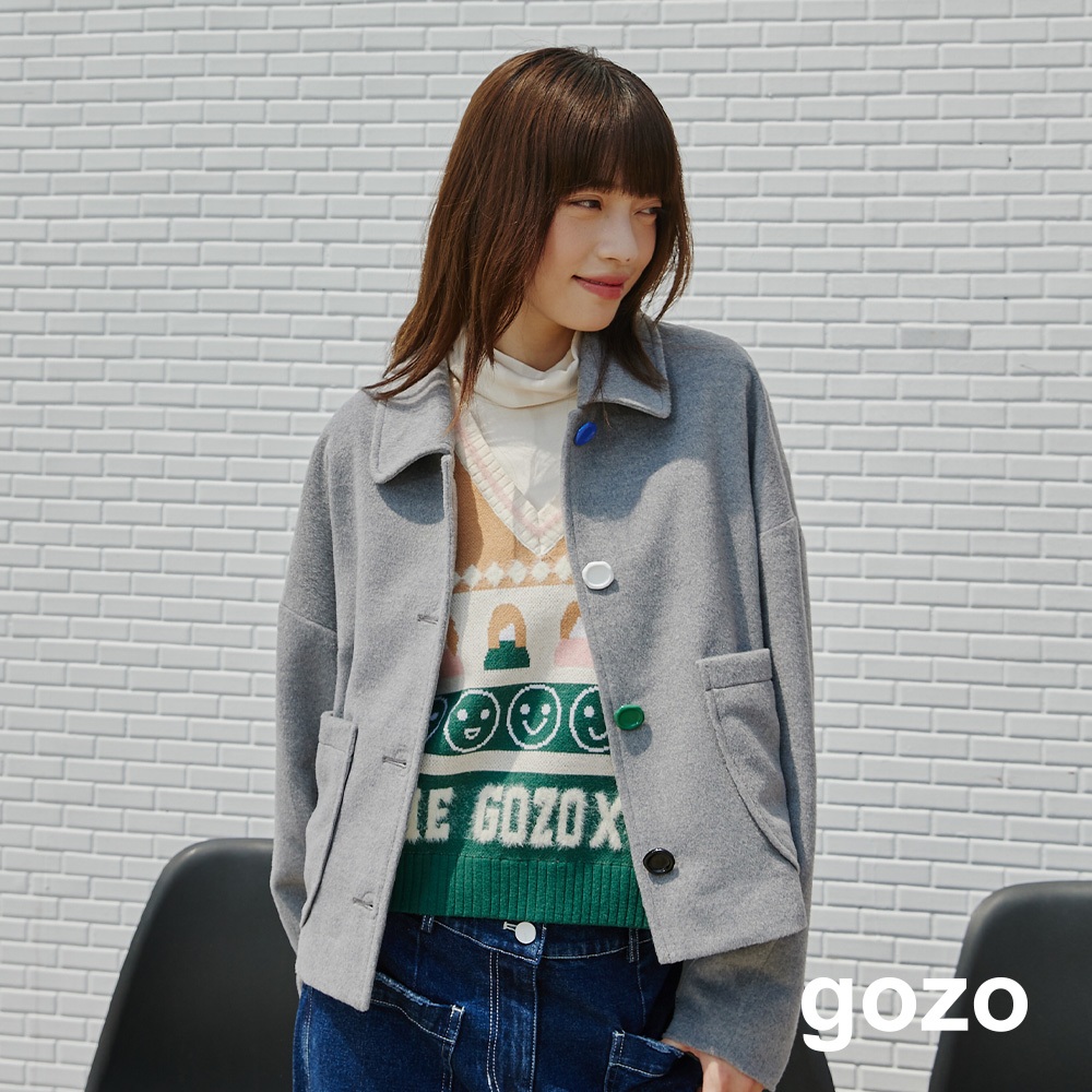 【gozo】造型釦子廓形袖毛呢外套(灰色/深藍_F) | 女裝 西裝領 百搭