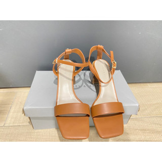 （二手）CHARLES & KEITH 方頭一字帶粗跟涼鞋 - 焦糖色