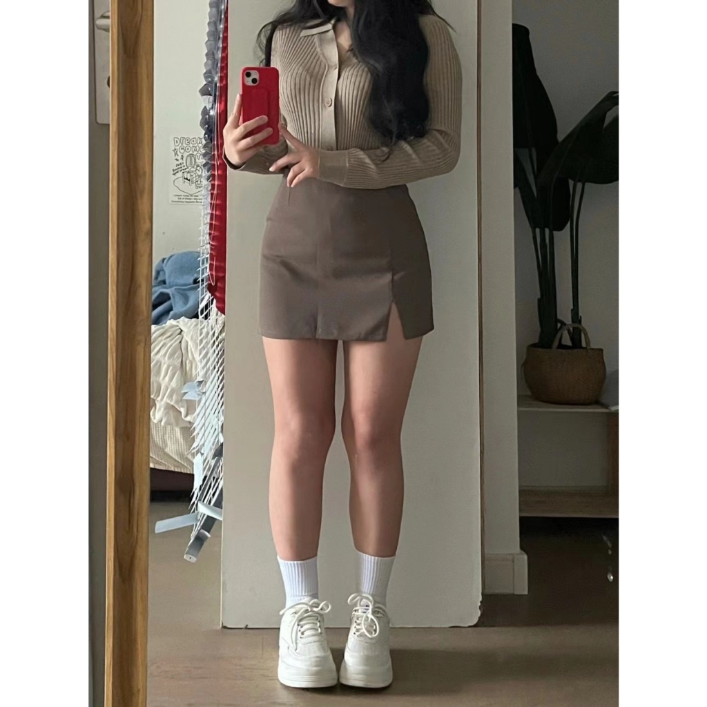 100kg內可穿/微胖/美式/辣妹/套裝/長袖/翻領/針織衫/開衩/包臀/短裙/兩件套