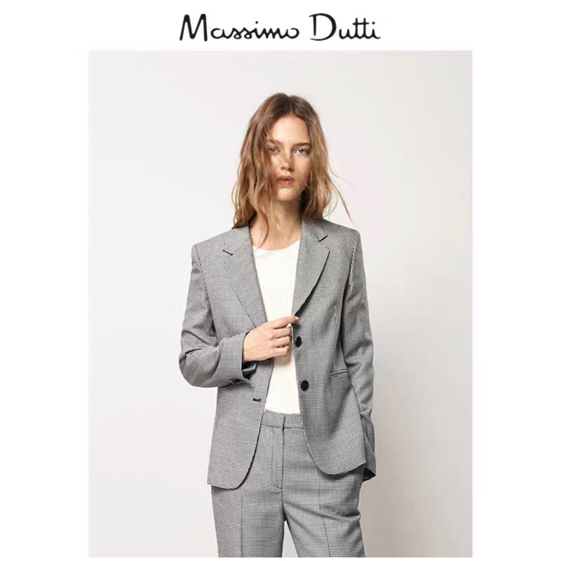 全新專櫃正品Massimo dutti 女士千鳥格紋純羊毛黑白34西裝套裝現貨