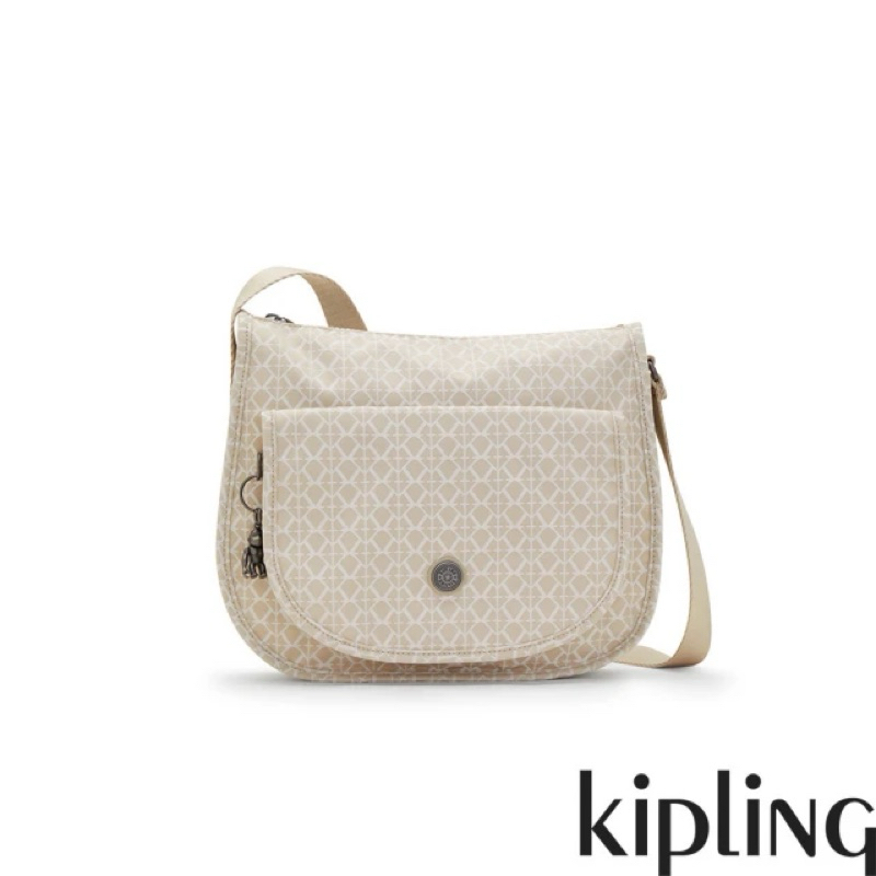 KIPLING溫柔粉菱格紋印花翻蓋前袋側背包-RENIA