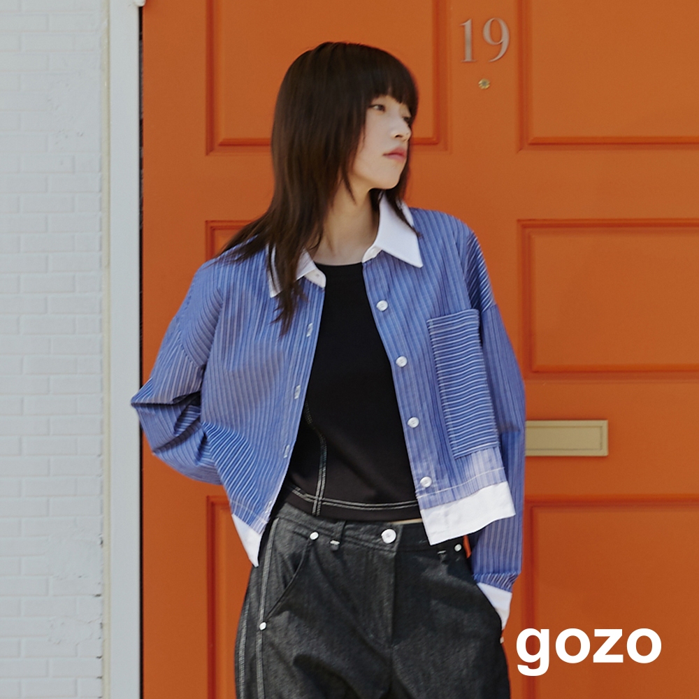 【gozo】撞色條紋假兩件短版襯衫(藍色/深藍_F) | 女裝 修身 休閒