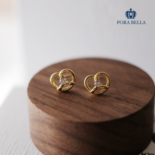 <Porabella>925純銀鍍18K金鑽石可愛鹼水結包耳釘 簡約幾何鋯石耳環 金色穿洞式耳釘 Earrings