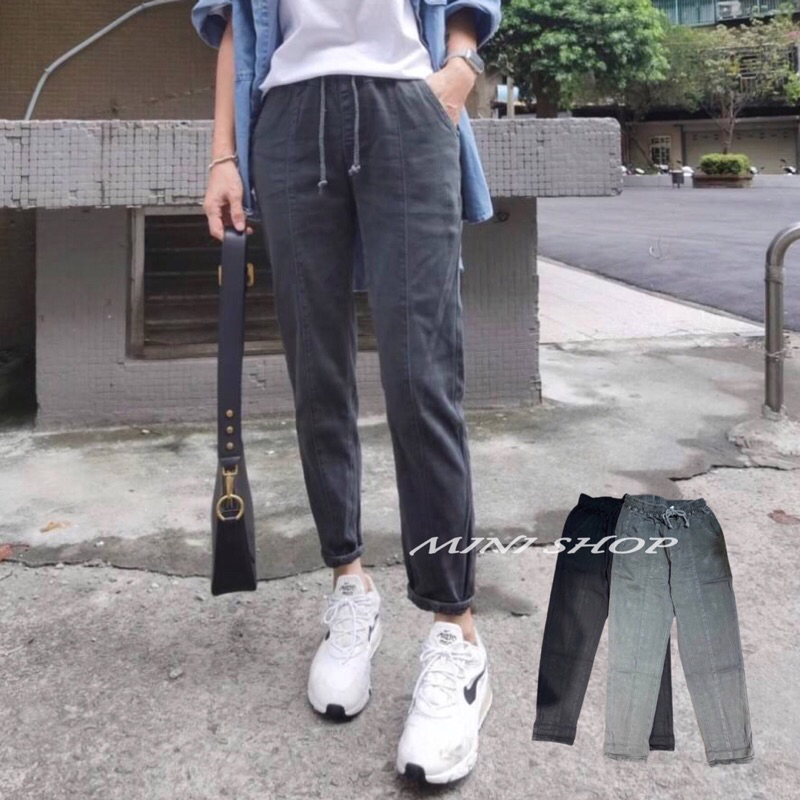 yk現貨 彈性鬆緊腰頭 前壓線的立體效果特別修飾大腿牛仔老爹褲 牛仔長褲 男友牛仔褲 牛仔褲