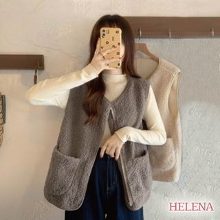 【Helena】羊羔毛拉鍊馬甲 韓系寬鬆背心外套 無袖背心 素色毛絨韓版簡約寬鬆顯瘦百搭開衫背心 上衣女【A2112】