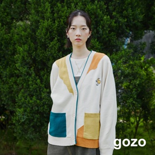 【gozo】初老運動小人拼色蝙蝠袖毛衣外套(深灰/淺卡其_F) | 女裝 V領 休閒