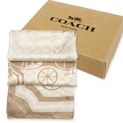 【COACH】馬車LOGO100%蠶絲絲巾圍巾(咖金