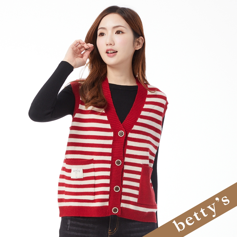 betty’s貝蒂思(25)條紋口袋開襟針織背心上衣(紅色)