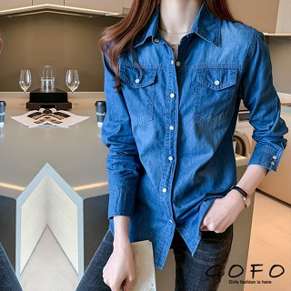 GOFO 長袖襯衫 韓系穿搭 薄款 夏天防曬衫修身顯瘦 學院風經典水洗 深藍 淺藍 珍珠扣 牛仔 女生 女裝 夏季服飾