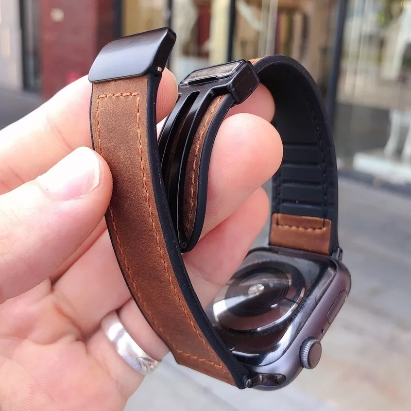 折疊磁吸扣 適用於Apple Watch 錶帶 S9 8 7 6 5 4 SE 41mm 45mm 49mm 真皮錶帶