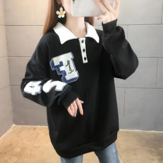 胖胖美依 上衣 長袖T卹 學院風 M-2XL新款牛奶絲複合寬鬆Polo領加厚加絨衛衣女上衣TCF02-f6160.