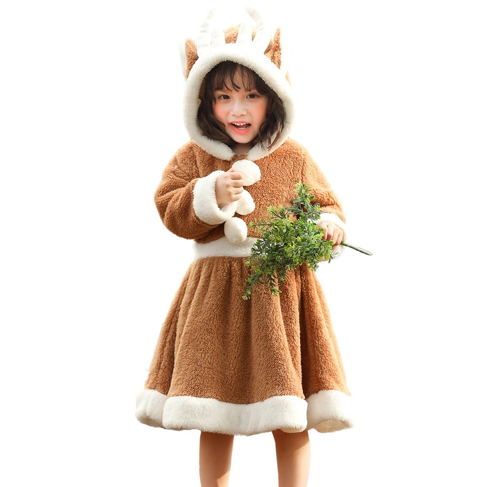女童聖誕服裝 兒童麋鹿聖誕裝扮 聖誕裝聖誕衣服 麋鹿連身裙誕服裝 洋裝 動物服裝 cos角色扮演聖誕套裝 珊瑚絨