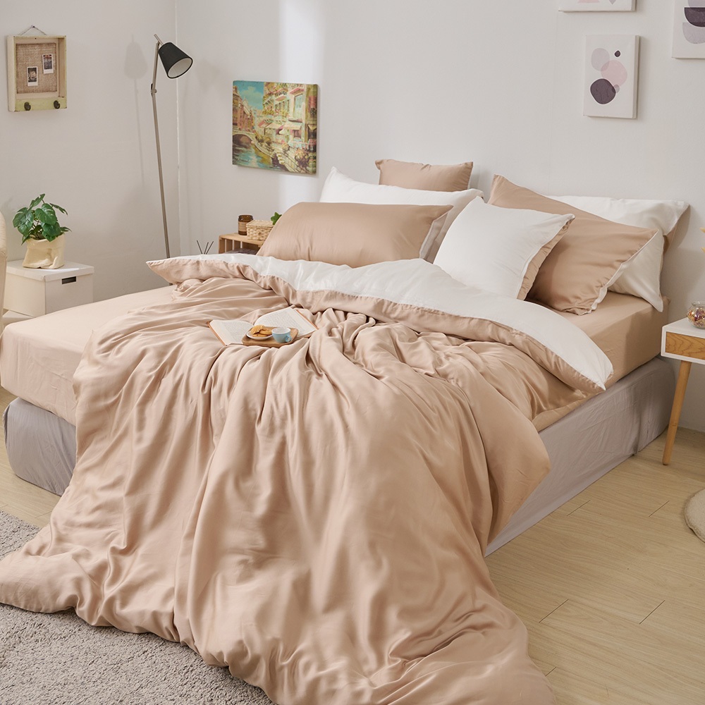 戀家小舖 台灣製床包 雙人床包 薄被套 床單 拿鐵棕 100%天絲 床包被套組 含枕套 60支天絲 素色