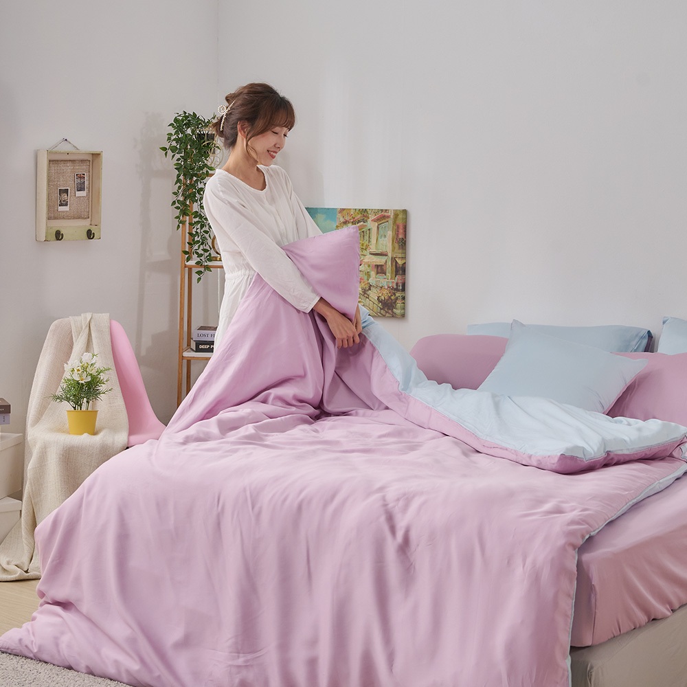 戀家小舖 台灣製床包 雙人床包 薄被套 床單 霧光紫 100%天絲 床包被套組 含枕套 60支天絲 素色