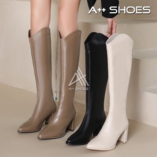 A++👢 長靴 大尺碼長靴~V字口跟靴 韓版粗跟高跟尖頭高筒後拉鍊長靴 ~ 正常