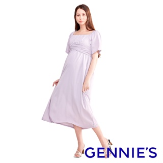 【Gennies 奇妮】法式氣質方領收腰綁帶孕婦洋裝-紫 孕婦裝 連身裙 哺乳衣 洋裝 女生服飾 短袖 女裝 現貨