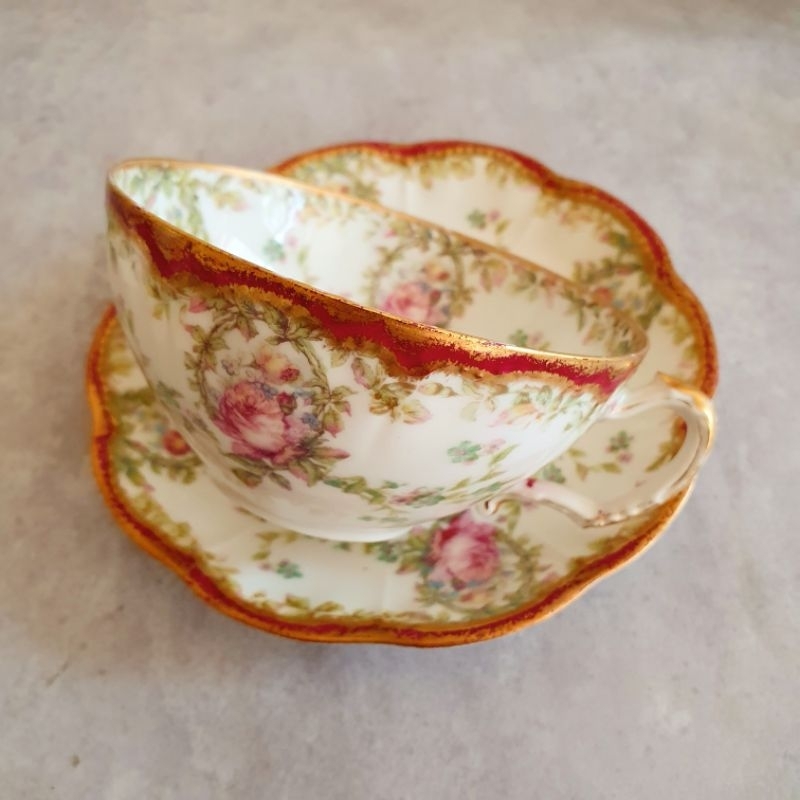 法國古董－Haviland Limoges 玫瑰花環稀有大尺寸杯碟