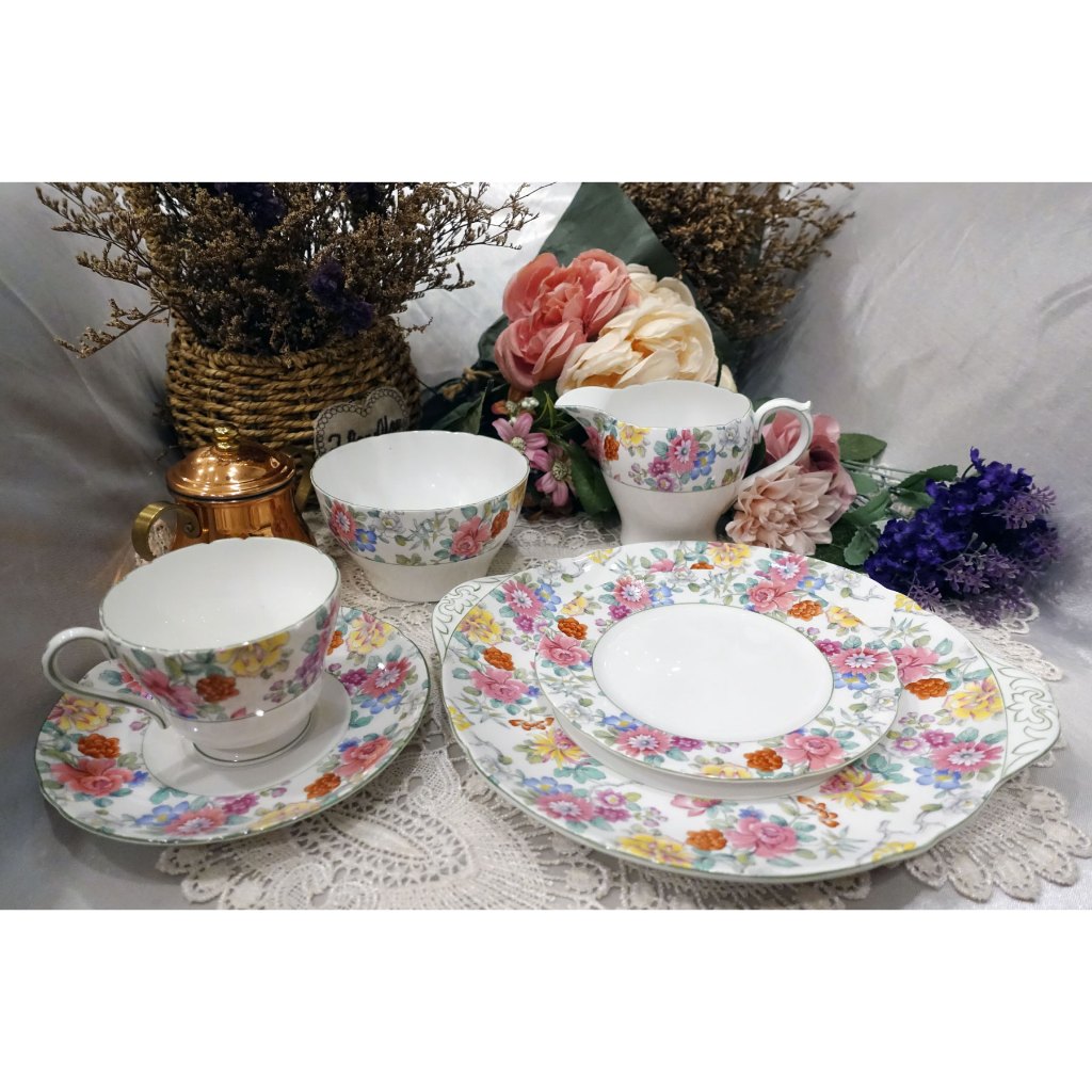 【Sunshine Antiques】Shelley - Floral Pattern 茶杯組 糖碗 牛奶壺 蛋糕盤