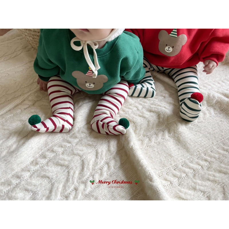 現貨在台🛬韓國童裝Hibyebebe聖誕系列條紋刷毛打底褲 正韓samibebe童裝代購 寶寶聖誕裝 褲襪 聖誕派對