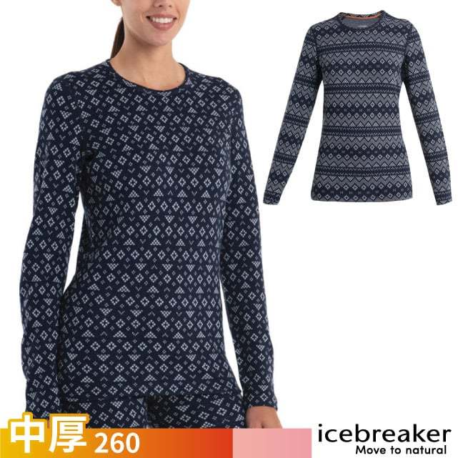 【Icebreaker】女 款 美麗諾羊毛 保暖圓領長袖上衣-BF260  Vertex_海軍藍/白_IB0A56V2