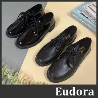 【Eudora】MIT臺灣製 黑色小皮鞋 學生鞋 面試鞋 低跟樂福鞋 馬丁鞋 皮革綁帶低根粗跟 樂福鞋 跟鞋 包鞋 皮鞋