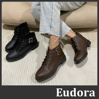 【Eudora】MIT台灣製 皮革短靴 綁帶靴 軍靴 踝靴 跟靴 皮革金釦綁帶拉鍊 粗低跟 短靴 皮靴 靴子 馬靴