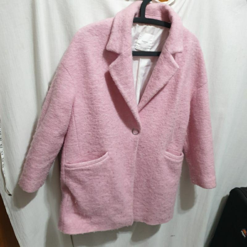 姜小舖芭比風🌸MANGO粉紅色粗布毛絨絨長版長袖冬季外套大衣L號!保暖風衣 長板風衣