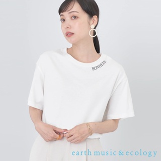 earth music&ecology BONHEUR刺繡標語純棉圓領短袖T恤(1N32L1C0900)