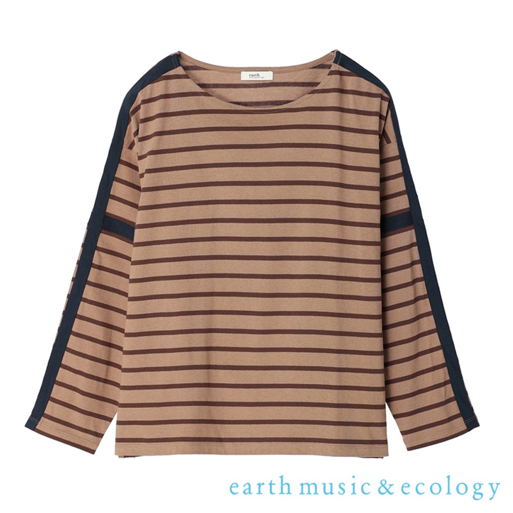 earth music&ecology 配色滾邊橫條紋船型領純棉長袖上衣(1L23L1C0500)