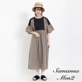 Samansa Mos2 復古瓷磚圖案蕾絲設計棉麻短袖洋裝(FB32L0H0980)