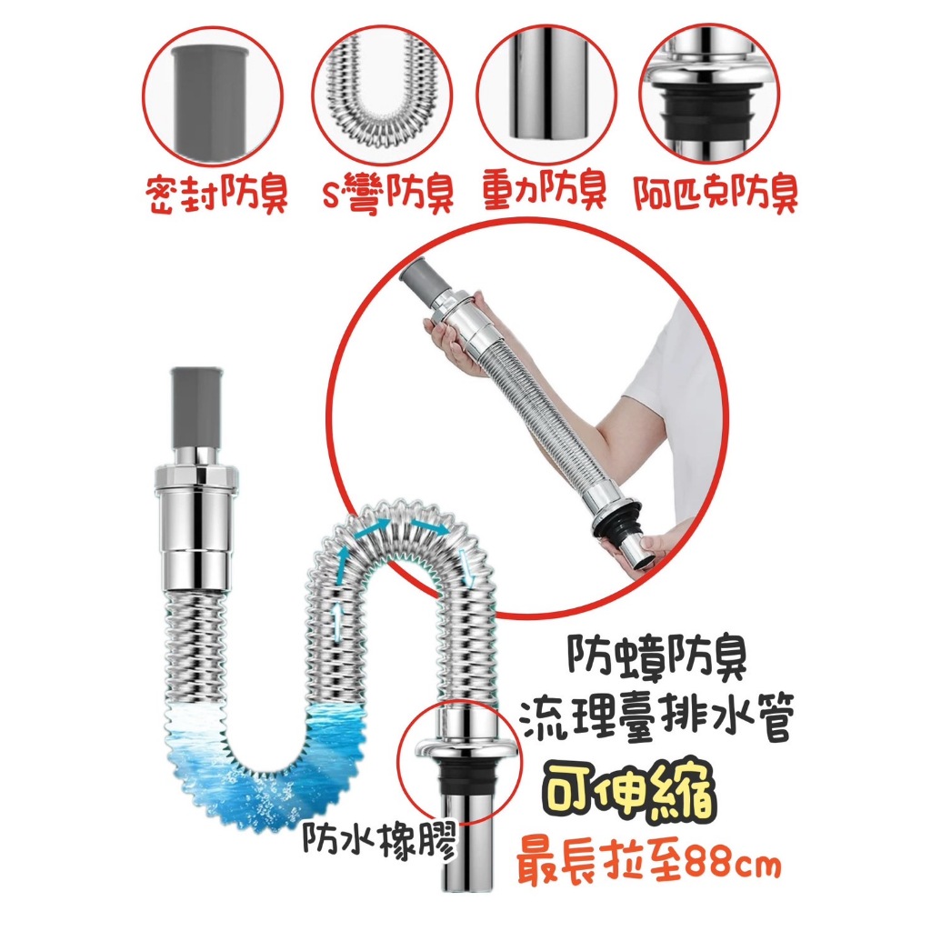 ~台灣製造~88CM電鍍伸縮廚房排水管.流理臺排水管.萬向出水管.防蟑防臭防溢流.排水蛇管，可伸縮 插入式