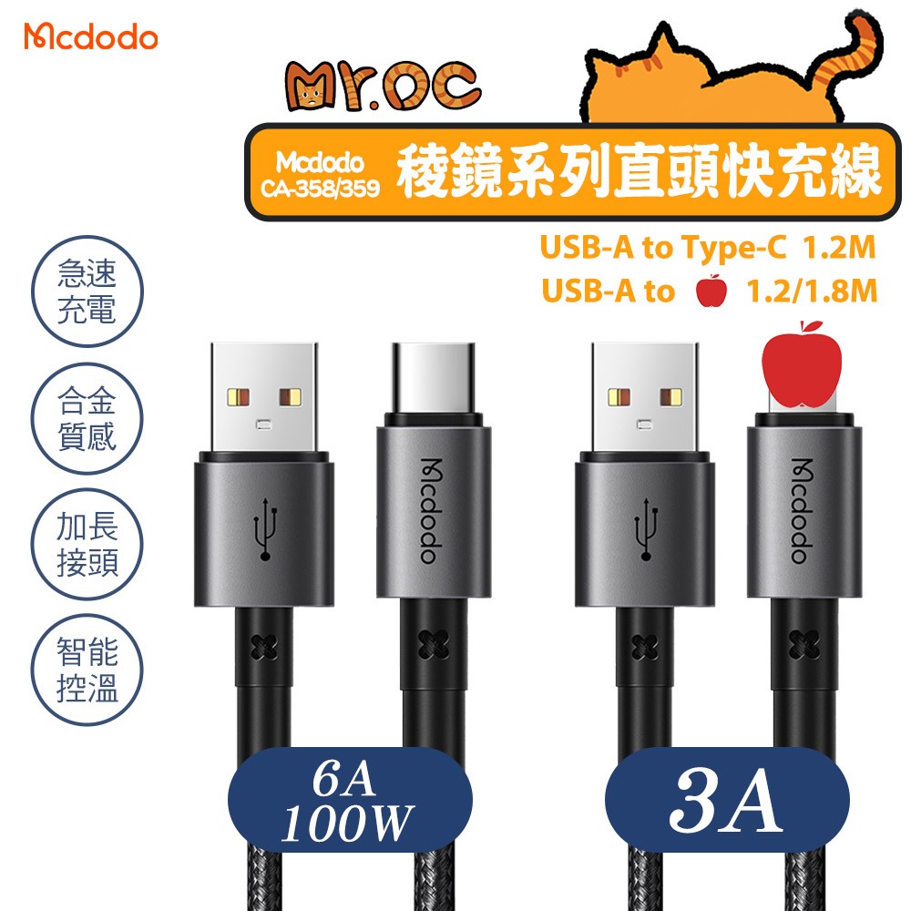 Mcdodo 麥多多 100W快充線 i15 USB-A  評果 Type-C 充電/傳輸 1.8M 鋁合金 散熱快