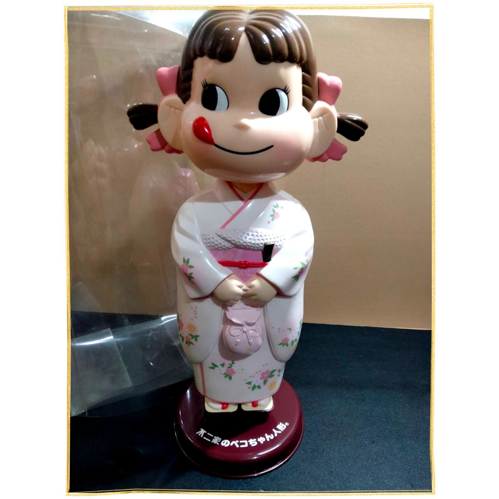 日本帶回PEKO早期正版絕版全新已拆封-不二家牛奶妹粉色和服首振人形公仔搖頭玩偶-高約33公分