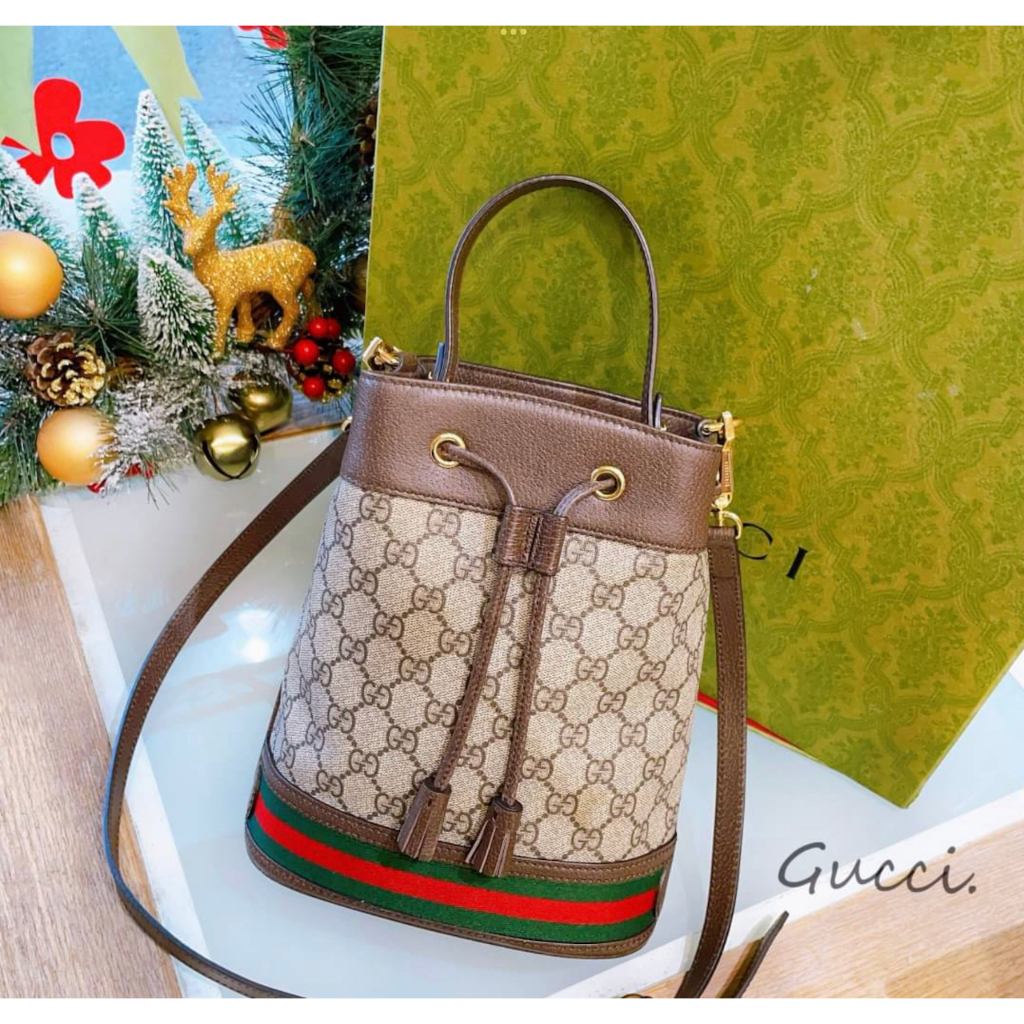 二手旗艦 GUCCI 咖啡色 PVC 綠紅織帶 水桶 手提 斜背 兩用包(中友店)18805