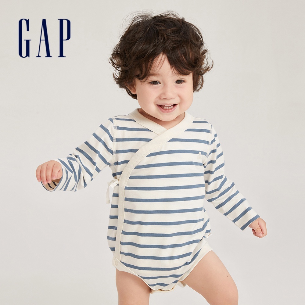 Gap 嬰兒裝 純棉小熊刺繡長袖包屁衣-藍色條紋(788750)