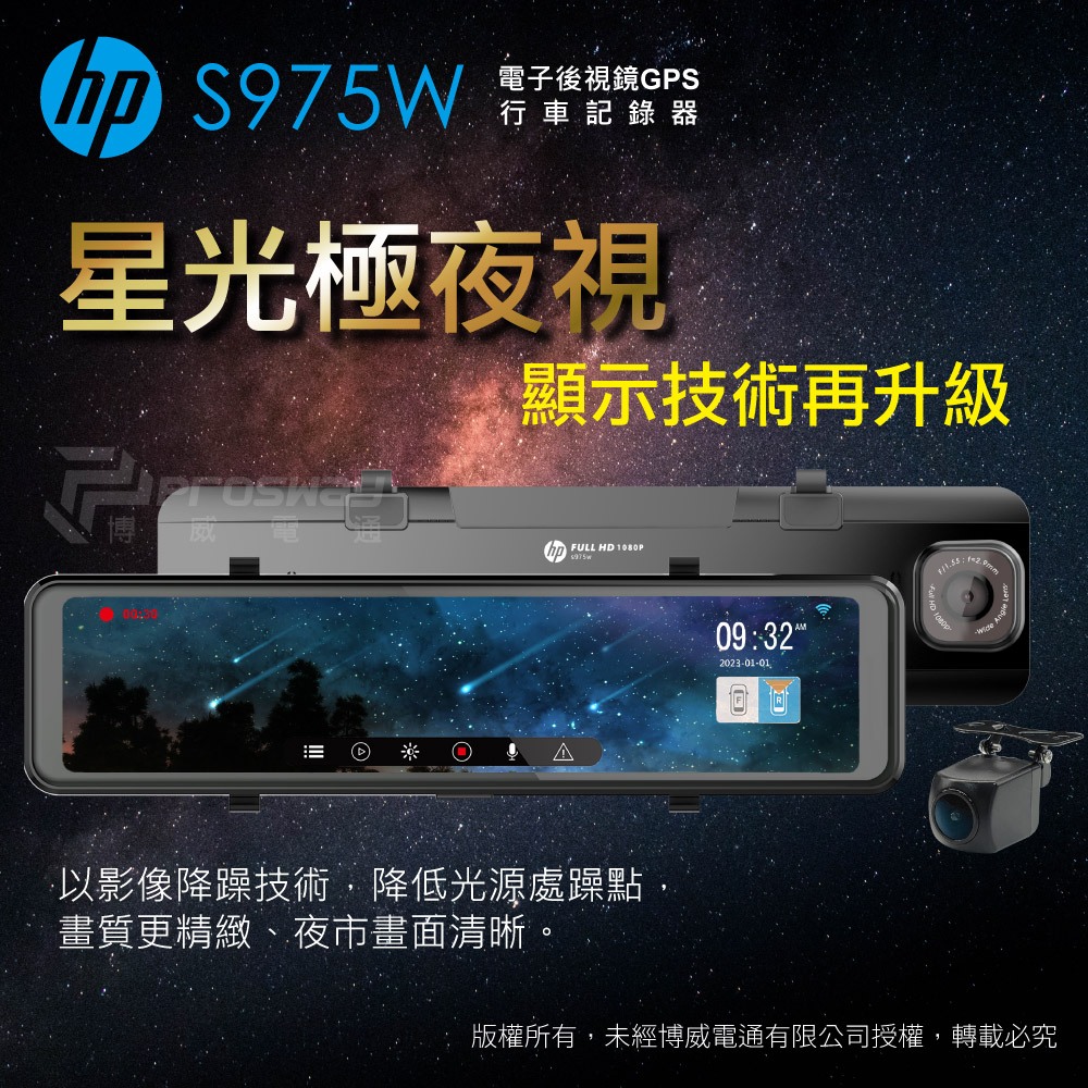 【優惠送128G】HP 惠普 S975W WIFI GPS測速 TS碼流 電子後視鏡 前後雙錄 汽車行車記錄器