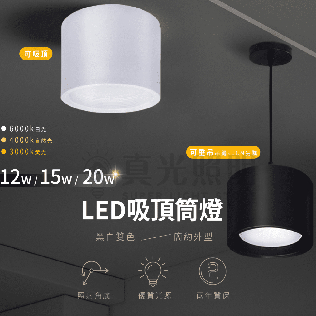LED 吸頂筒燈 12W / 15W/ 20W 吸吊兩用 可搭配吊繩 黑白雙色 簡約外型 黃光 /自然光 /白光 全電壓