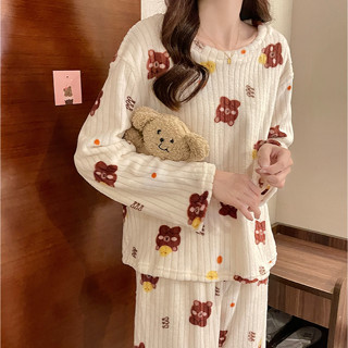 胖胖美依 睡衣 秋冬小熊卡通保暖珊瑚絨睡衣套裝女家居服5f027 1026
