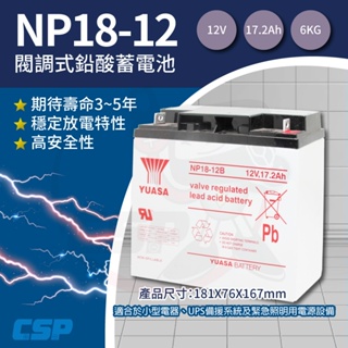 【YUASA】NP18-12B鉛酸電池12V17.2Ah 電動儀器設備 電動自走車 無人搬運機 電動工具 UPS系統