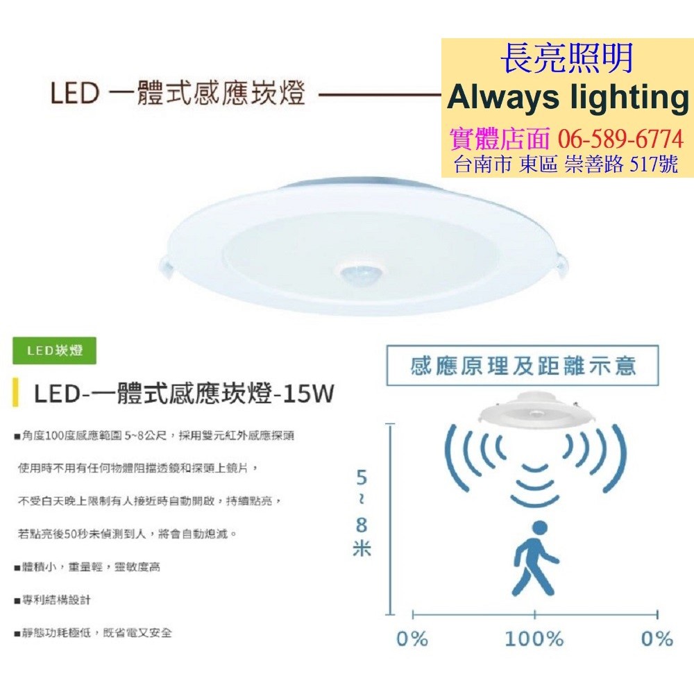 樂亮 LED感應崁燈15W 開孔15CM 雙元紅外線感應 不受白天晚上限制有人接近時自動開啟