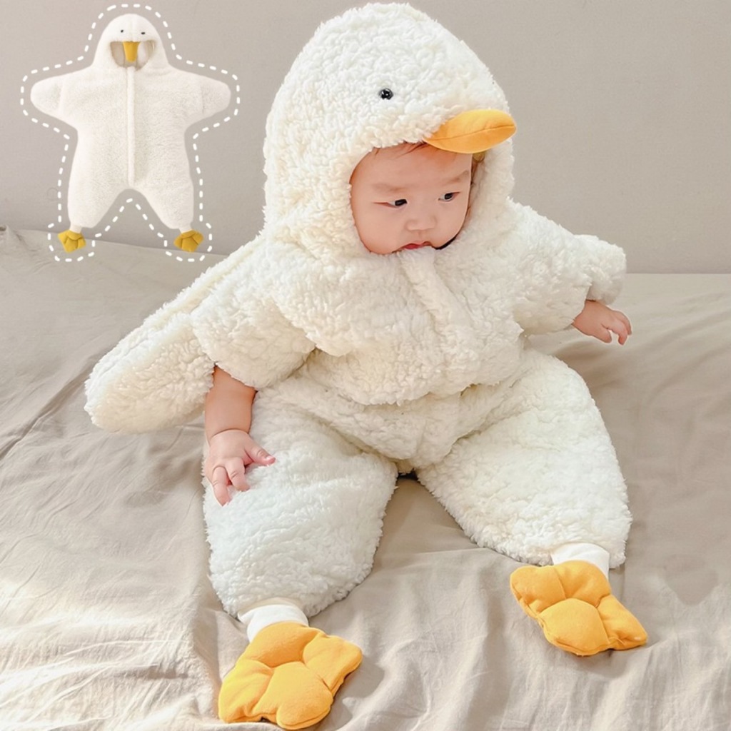 現貨 白鵝寶寶連身衣 厚棉絨 保暖嬰兒爬服 寶寶居家服 大白鵝連身衣 拉鍊連身衣 造型連身衣