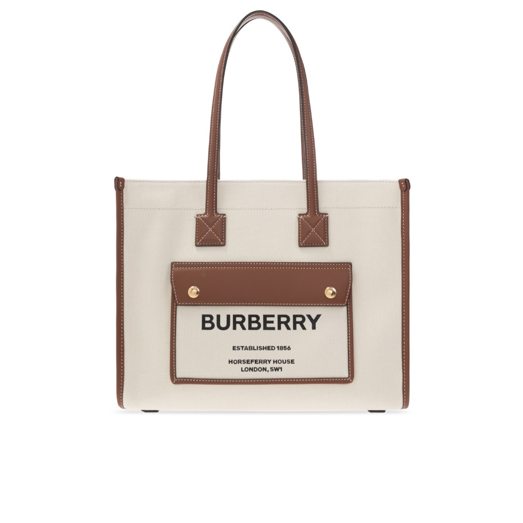 Burberry 80441381 Freya 小款雙色帆布拚皮托特包 棕色