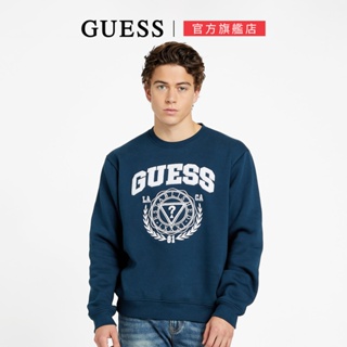 【GUESS】美式刺繡LOGO圓領大學T-藍