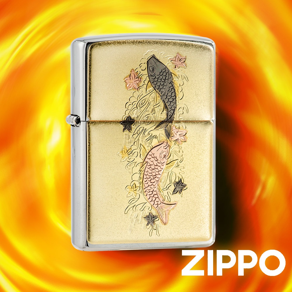 ZIPPO 日本傳統風格-雙鯉攀瀑防風打火機 ZA-5-117 五瓣花 夫妻 鯉魚 瀑布 藝術品 浮世繪 終身保固